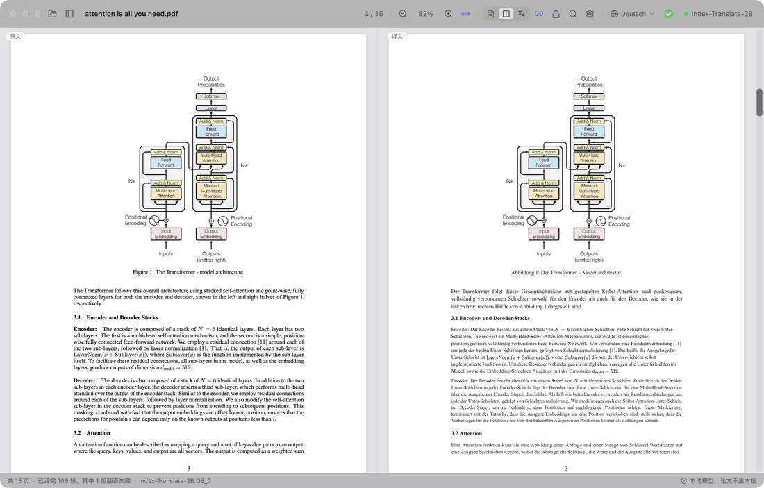 Durch die Seiten 3 bis 5 scrollen: Das Transformer-Diagramm, die Attention-Diagramme und die Formeln stehen auf beiden Seiten an derselben Stelle, rechts ist der englische Text durch Deutsch ersetzt