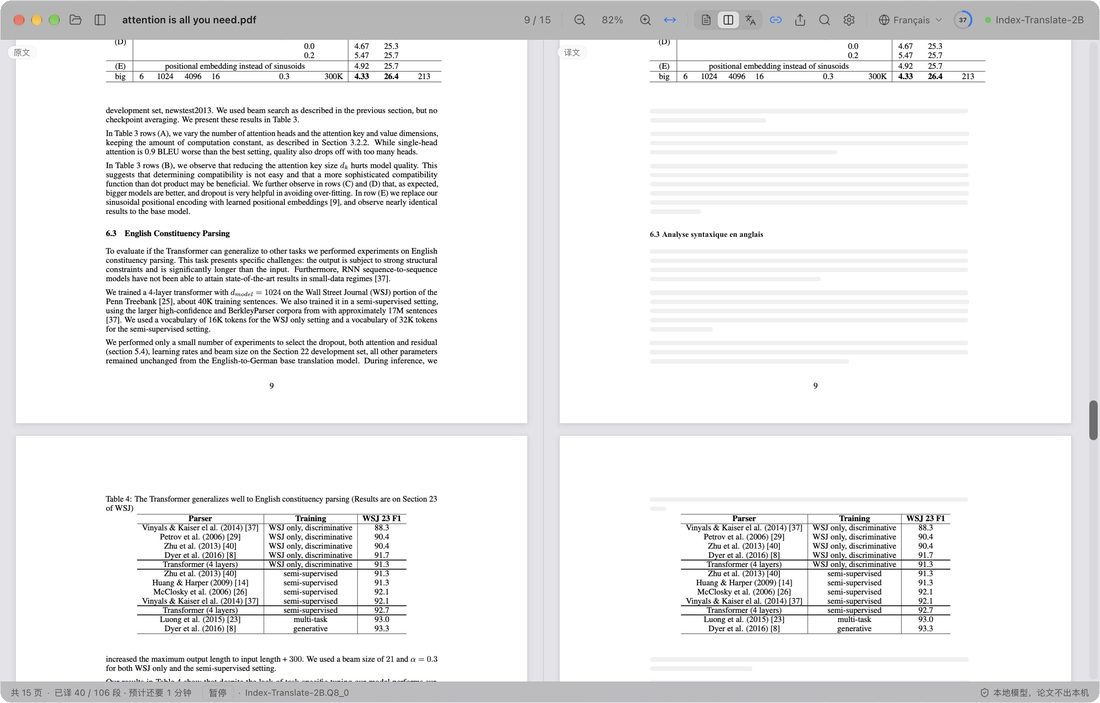 Page 9, la section 6.3 n'est pas encore traduite ; un double-clic sur son premier paragraphe la fait passer en tête de file, la barre d'état l'indique, et ses paragraphes apparaissent en français l'un après l'autre pendant que le reste de la page attend