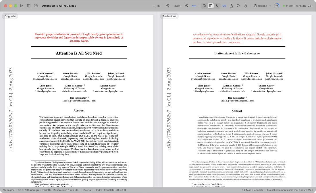 Mentre le prime pagine sono ancora in traduzione, la vista scende alla sezione 6.3 a pagina 9, non ancora tradotta; un doppio clic sul primo paragrafo lo fa passare in testa e compare subito in italiano