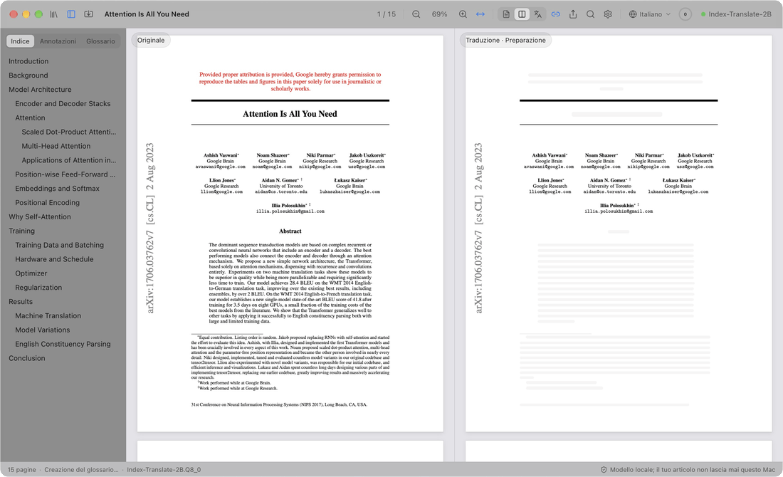 PaperDuet traduce Attention Is All You Need da zero: prima l’indice nella barra laterale passa all’italiano, poi il titolo e l’abstract compaiono nella pagina di destra, nello stesso punto dell’originale