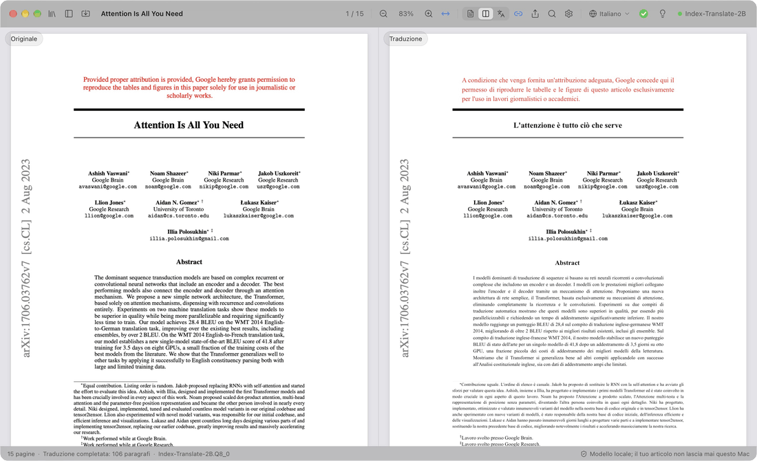 Si seleziona una frase della traduzione italiana e si scrive una nota; la frase inglese corrispondente, a sinistra, riceve lo stesso segno e apre la stessa nota. Poi il PDF originale con la nota viene esportato e aperto in Anteprima, dove ci sono anche il segno e la nota