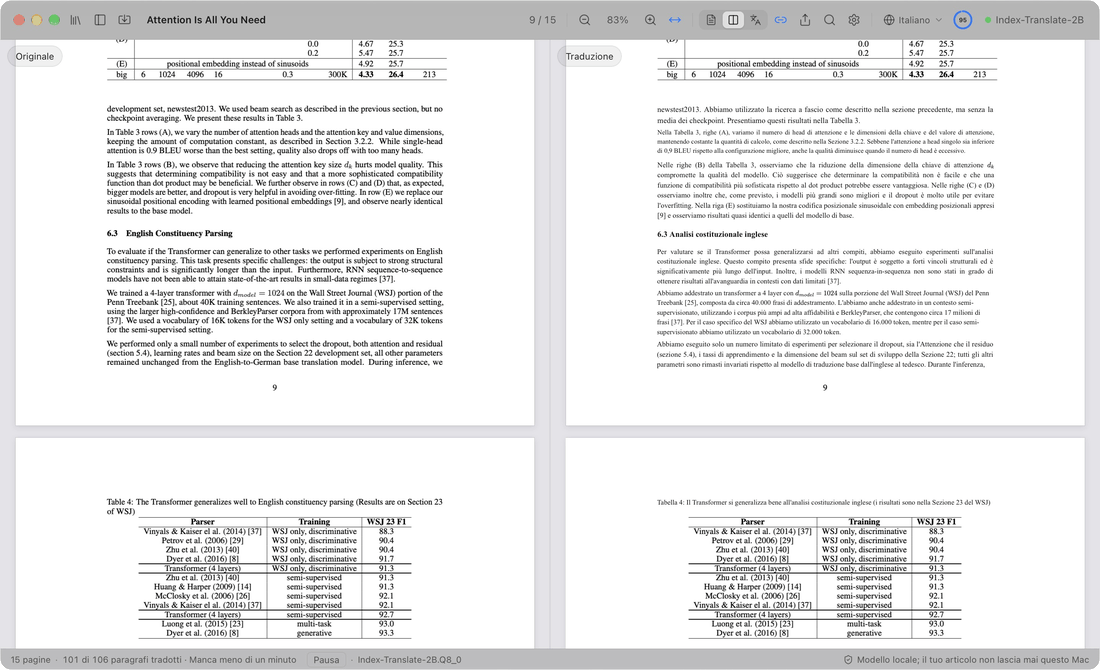 Arrivano gli ultimi paragrafi, l’anello di avanzamento nella barra degli strumenti diventa un segno di spunta verde e un clic salva la traduzione in PDF; poi si apre la lampadina accanto e il riassunto IA dell’intero articolo compare riga per riga