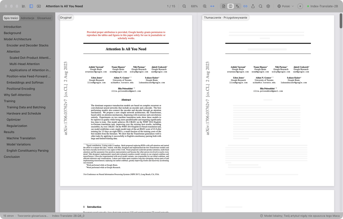 PaperDuet tłumaczy Attention Is All You Need od zera: najpierw spis treści na pasku bocznym przechodzi na polski, potem tytuł i abstrakt pojawiają się na prawej stronie, w tym samym miejscu co w oryginale